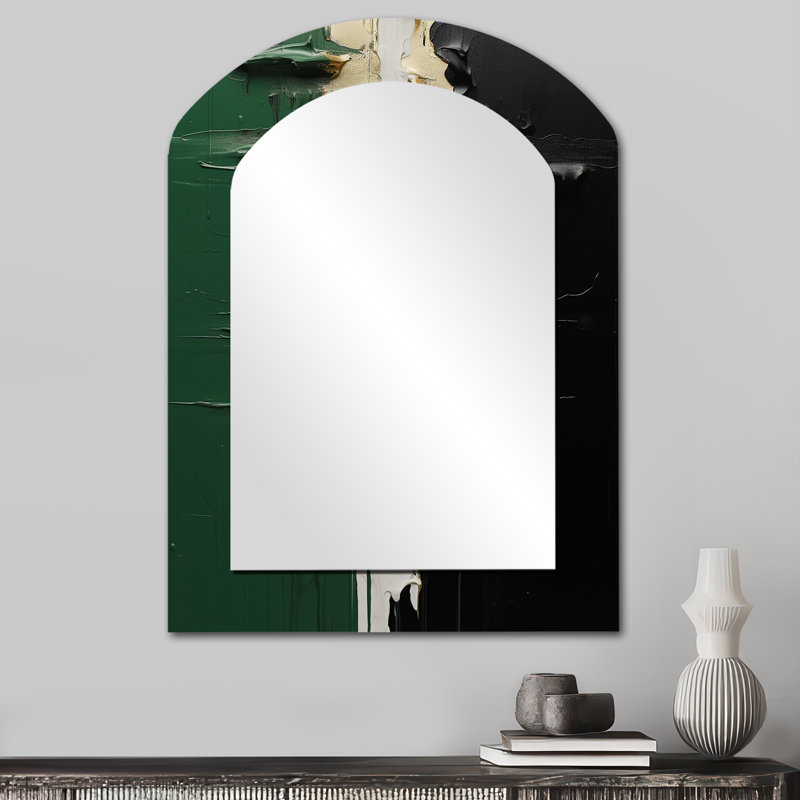 Golden green and black ink merge II - Abstract Painting Asymmetrical Wall Mirror, Green Arch Decorative Mirror, Printed Metal Art