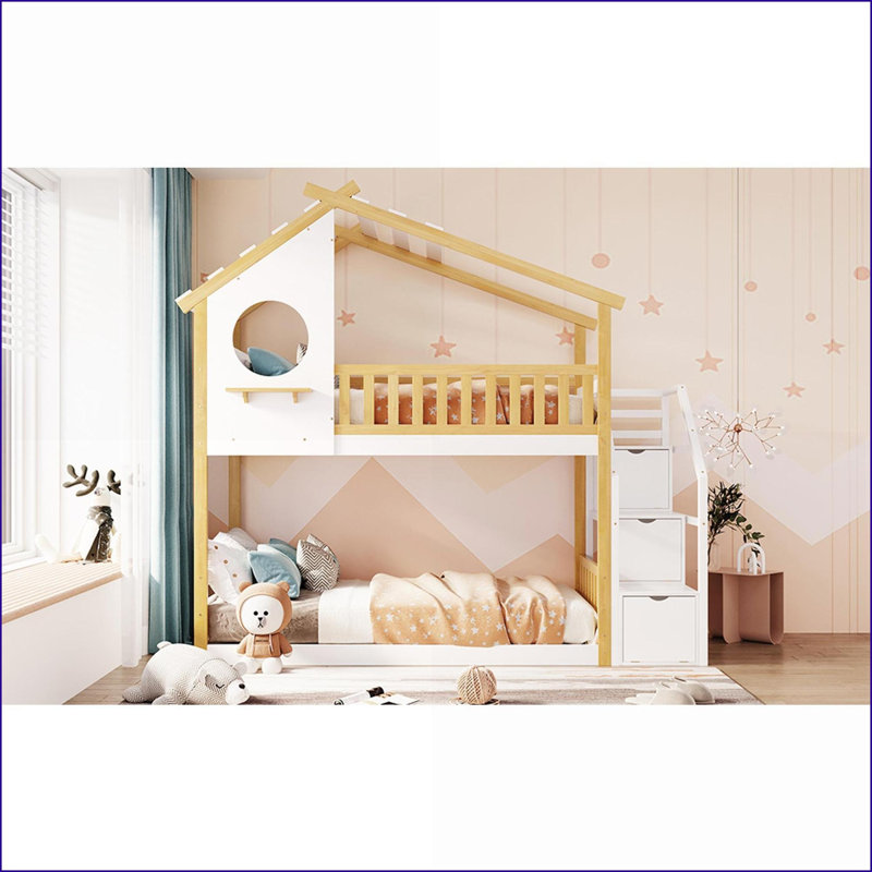 Lit simple sur lit simple Pinewood & amp; Lit superposé en bois composite avec rangement et amp; Garde-corps naturel + blanc chambre de jeune