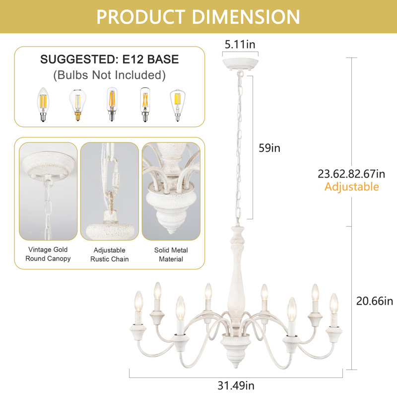 8 - Light 31.49"W White Vintage Classic / Traditional Chandelier, Candle Style with Old White Finish  & Candle-Shaped E12 Sockets