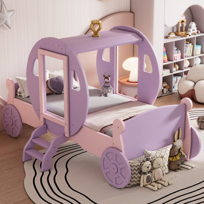Twin Size Princess Carriage Bed, Wood Platform Bed with Crown & Stairs
