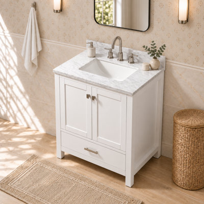 30" White Single Sink Bathroom Vanity with Carrara Marble Top, 2 Soft Closing Doors, and 1 Full Extension Drawer, Brushed Nickel Hardware