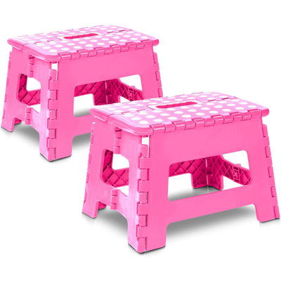 Folding Step Stool - (Pack Of 2) Foot Stool With 9 Inch Height - Holds Up To 300 Lbs - Lightweight Plastic Foldable Step Stool For Kitchen, Bathroom & Living Room (Pink)