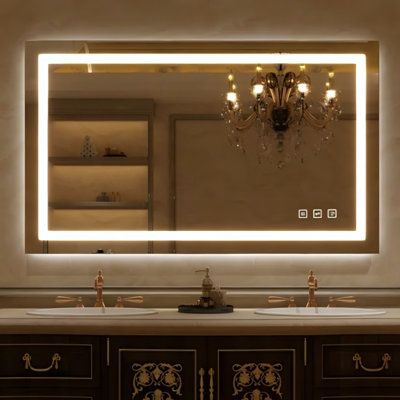 Miroir de salle de bain à DEL 72 x 36, miroirs de salle de bain à intensité variable pour le mur, antibuée, 3 couleurs réglables, mémoire, lumières à DEL doubles (avant et rétroéclairé) Matériau trempé durable