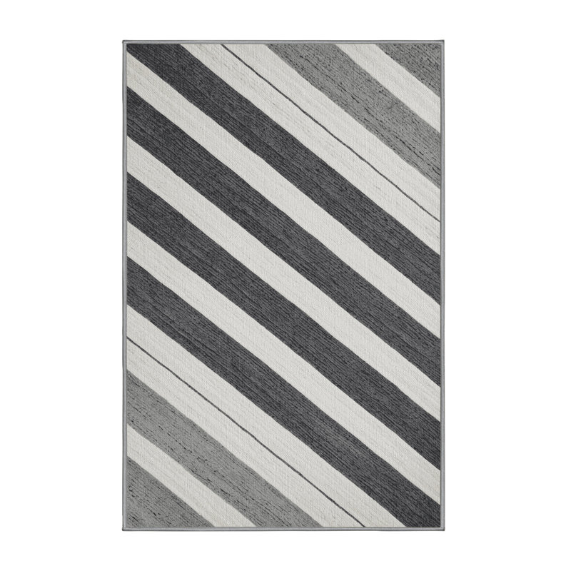  Tapis rayé gris et blanc lavable, Rectangle 7 pi x 9 pi