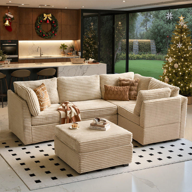 5-Piece Upholstered Corduroy Sectional, Beige Corduroy