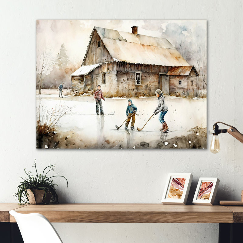 Garçons jouant au hockey à la cabane IV - décoration murale moderne en métal, H 30 po x l 40 po x P 1 po