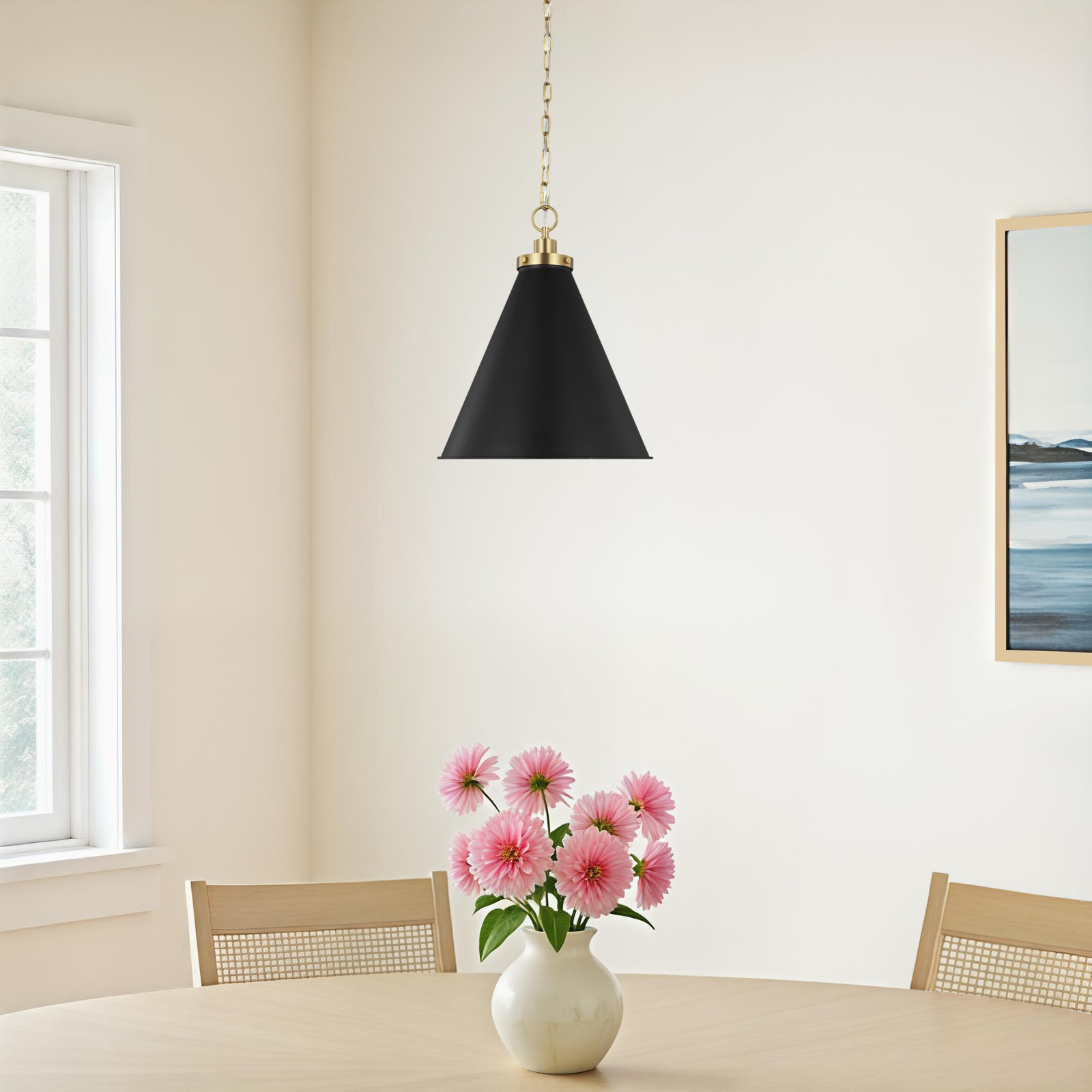 Arnell Single Light Metal Dimmable Pendant, Burnished Brass, Midnight Black, 19" H x 15.625" W x 15.625" D