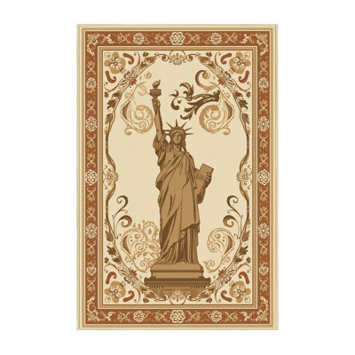 Soft Plush Fairborn Statue Of Liberty Classic Oriental Area Rug in Beige – Yellow Binding