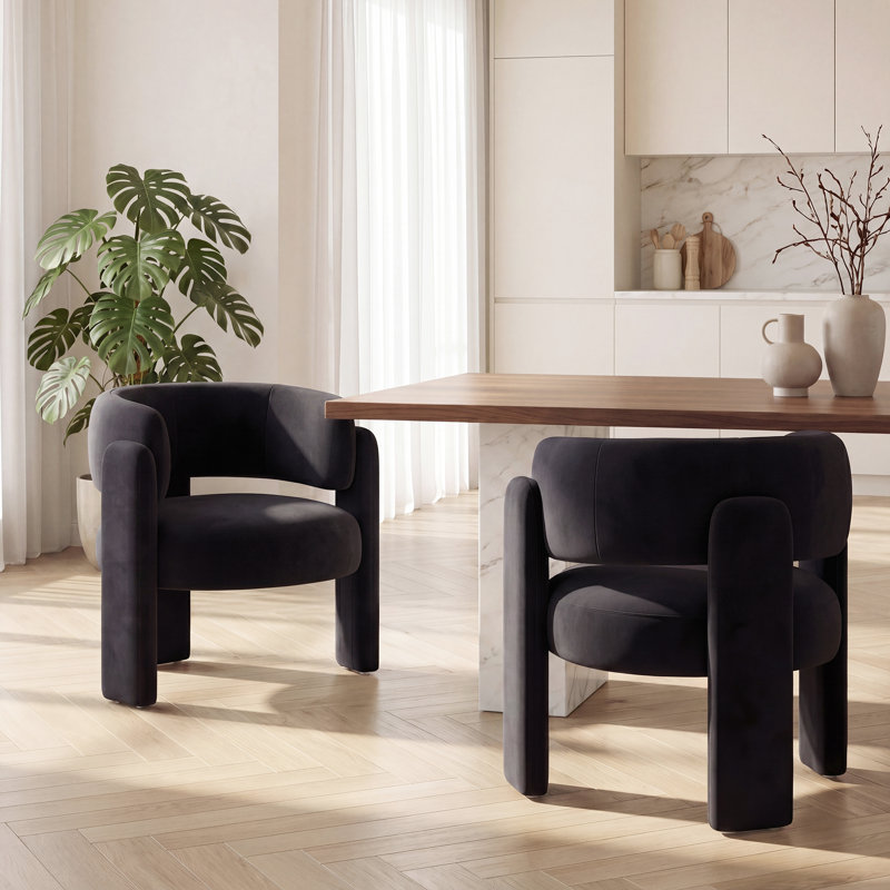 Velvet Upholstered Barrel Dining Armchair, Black
