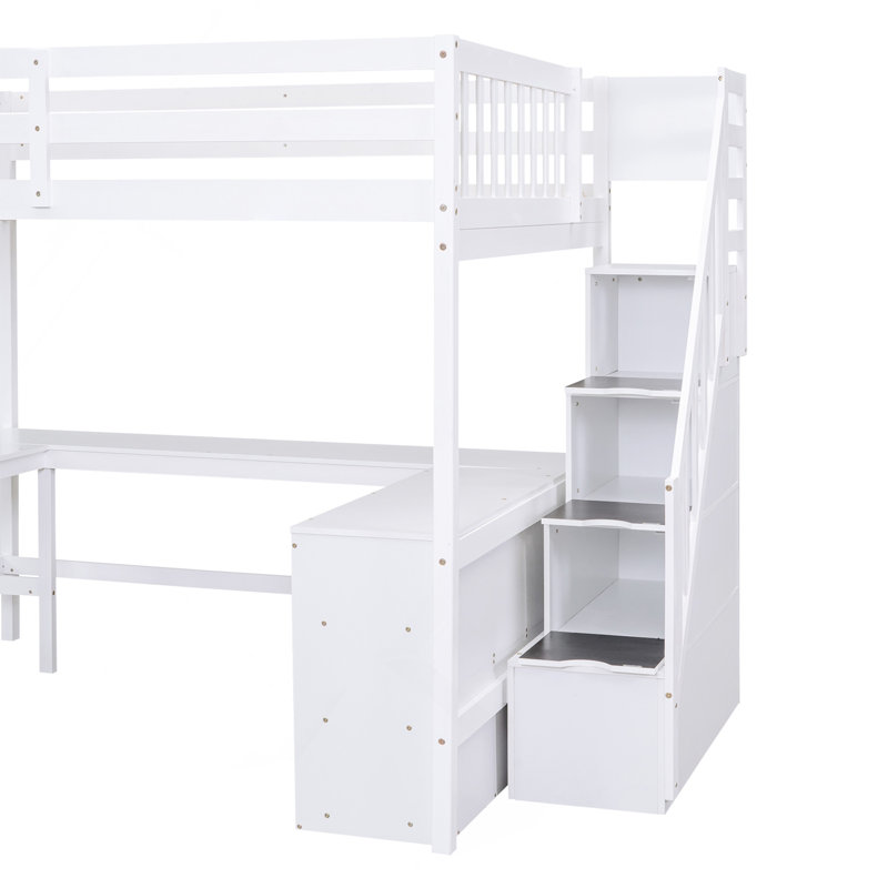 Lit mezzanine double avec bureau intégré en forme de L et tablettes de rangement à trois niveaux, et escalier de rangement attaché, blanc