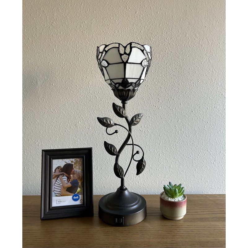 Simonetti Tiffany Torch Table Lamp Stained Glass Baroque Style USB Ports LED Bulb 6"W*6"D*20"H, White