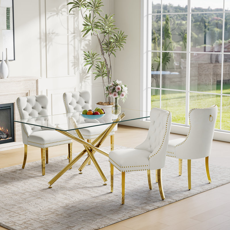 5-Piece Modern Dining Set – Rectangular Glass Table With Mirrored Metal Base & 4 Velvet Upholstered Chairs, Gold/White, Gold