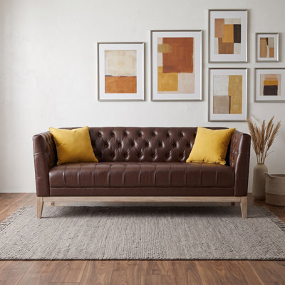 3-Seater Chesterfield Tufted PU Leather Sofa, Mid-Century Modern Deep Seat Couch with Solid Wood Legs for Living Room