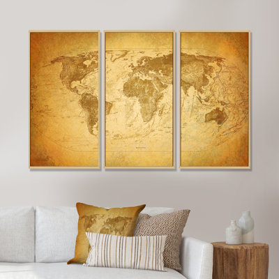 Carte rétro vintage - ensemble de 3 reproductions d'art sur toile encadrées