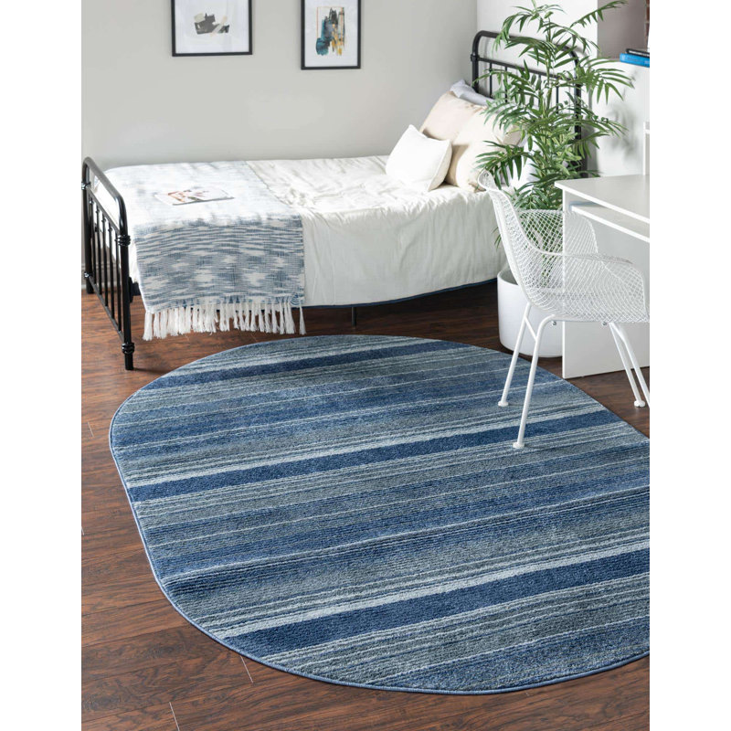 Tapis rayé Osteen, Ovale 5 pi 3 po x 8 pi, Bleu