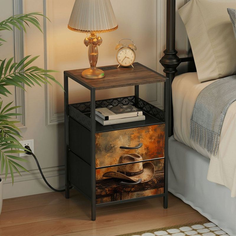 Table de chevet 2 tiroirs avec station de charge, table de chevet pour chambre avec ports USB et amp; Table de chevet noire Outlet