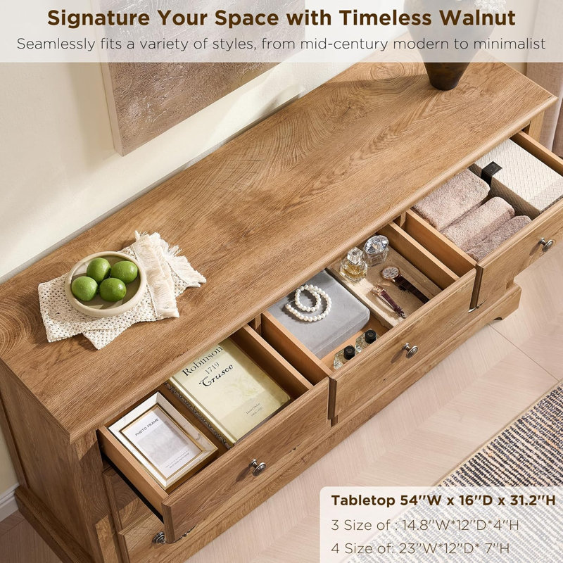 Fariah 54''W  Vintage 7 - Drawers Dresser Organizer, Wood Rustic Wide Chest of Drawers, Light Knotty Oak