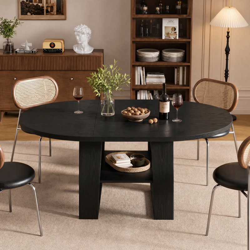 Table de salle à manger ronde extensible pour 4 à 6 personnes, table de cuisine ovale à rallonge rabattable avec étagère de rangement, finition bois noir gain de place idéale pour les petits appartements