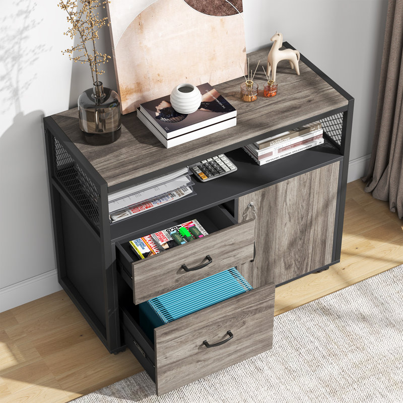Bureau de direction et classeur latéral 2 pièces Lympsham, H 29 po x l 63 po x P 55 po, Chêne foncé / noir