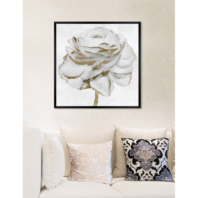 «White Gold Peony», reproduction d'art sur toile, H 22 po x l 22 po, Papier avec cadre noir