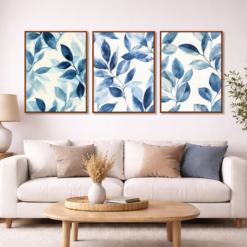 «Blue Botanical Wash - Ivory Leaves», art mural 3 pièces, 32" H x 72" W, Brown Floater Framed