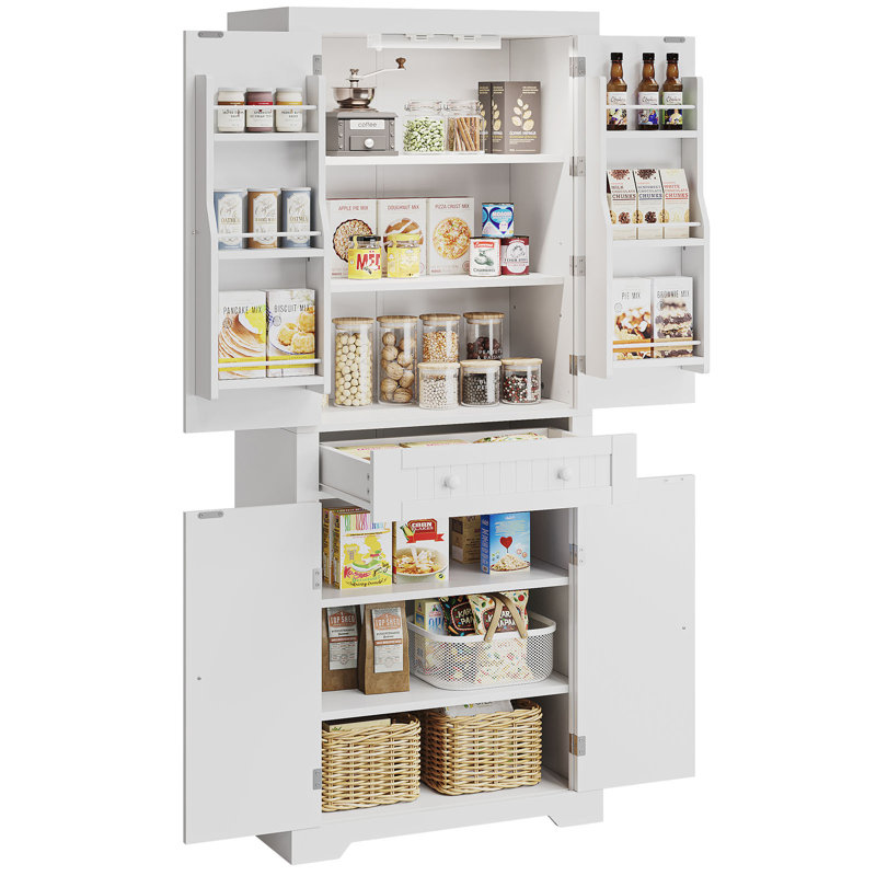 White 72" Tall Kitchen Pantry Cabinet with Motion Sensor Light