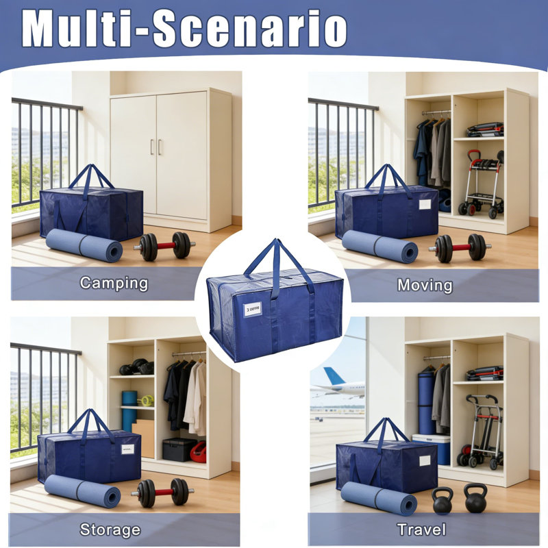 Extra Heavy Duty Moving Bags With Center Zipper - 23 Gallon Waterproof Storage Bags, 65 Lbs Capacity, Foldable Packing Bags For Moving, College, Camping & Closet Organization (6 Pack)