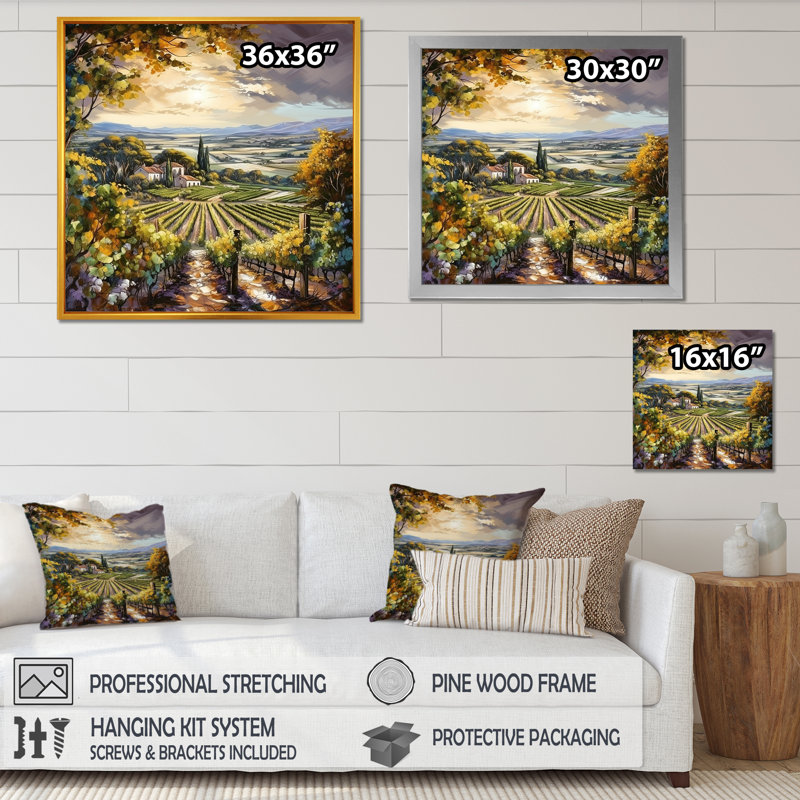Vineyard Charm Landscape II - Vineyard, art mural, Cadre flottant doré, H 24 po x l 24 po x P 1 po