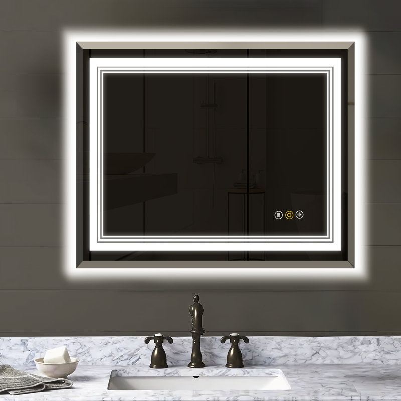Miroir mural Abriele avec lumières DEL, 3 lumières en mode couleur, gradateur, désembueur, fonction de mémoire pour la salle de bain