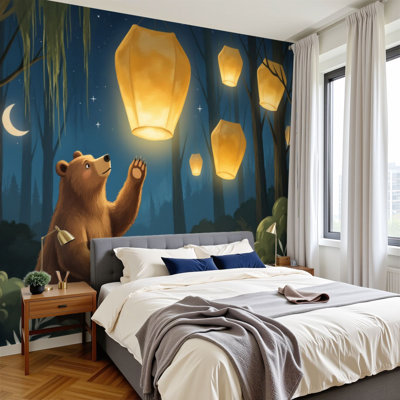 Papier peint adhésif peler et coller nuit fantaisiste avec des lanternes flottantes Bears