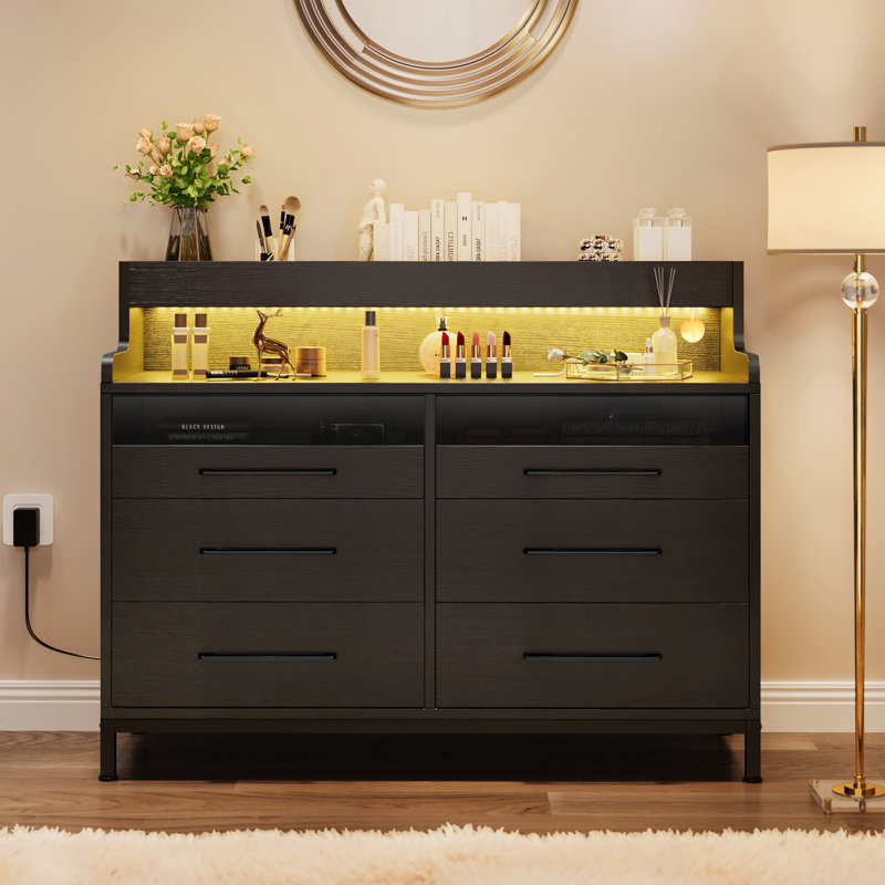 Brazoban Wood Acrylic Accent Cabinet with 6-Drawers and Colorful LED Light, Black