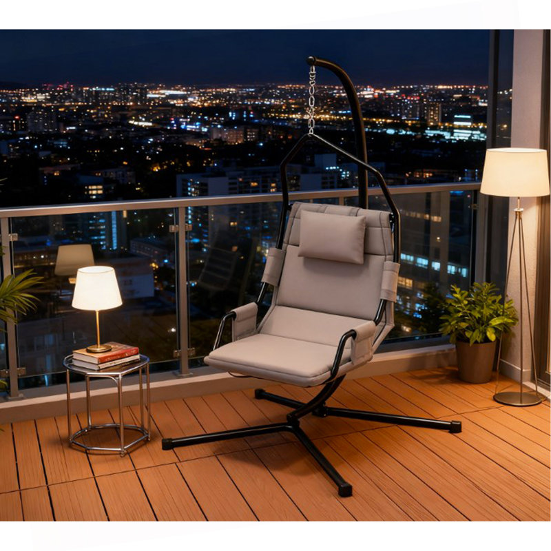 Chaise de balançoire suspendue, chaise hamac avec support et coussin de revêtement, avec structure en acier pour l'intérieur et l'extérieur