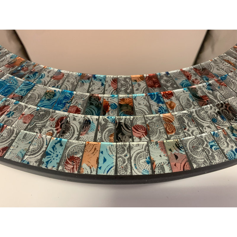 Zorigs Mosaic Mirror, Wall Art Décor – 24” Round Handcrafted Decorative Wall Mirror, Silver, Sky Blue, and Maple Brown Mosaic Tiles with Embedded Imperial Design