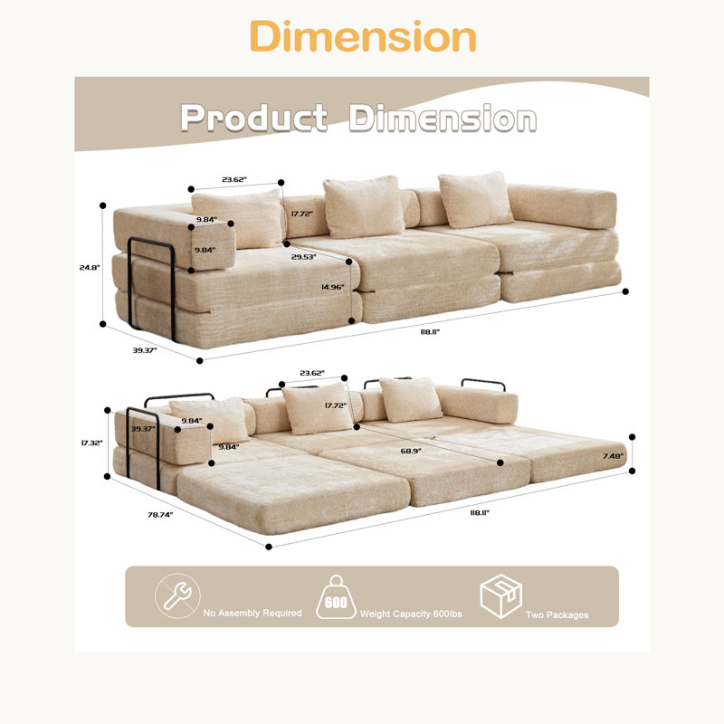 Canapé à compression, canapé-lit convertible au sol avec structure de forme fixe, canapé modulaire désossé, aucun assemblage requis, tissu chenille