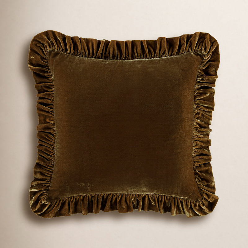 Stella Faux Silk Velvet Classic Chic Modern Rustic Ruffled Euro Sham, Green Ochre