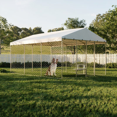 Grand chenil d'extérieur pour chien de 15 x 10 pi avec auvent, structure en acier galvanisé robuste, couvercle imperméable, bols à nourriture surélevés intégrés, parc pour animaux de compagnie verrouillable à l'épreuve des fuites pour grands chiens et plusieurs animaux