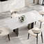 Table de salle à manger moderne de 63 po avec plateau en pierre frittée Snow Mountain, base en acier inoxydable et en placage de bois, table de salle à manger rectangulaire pour 4 à 6 personnes-622366849