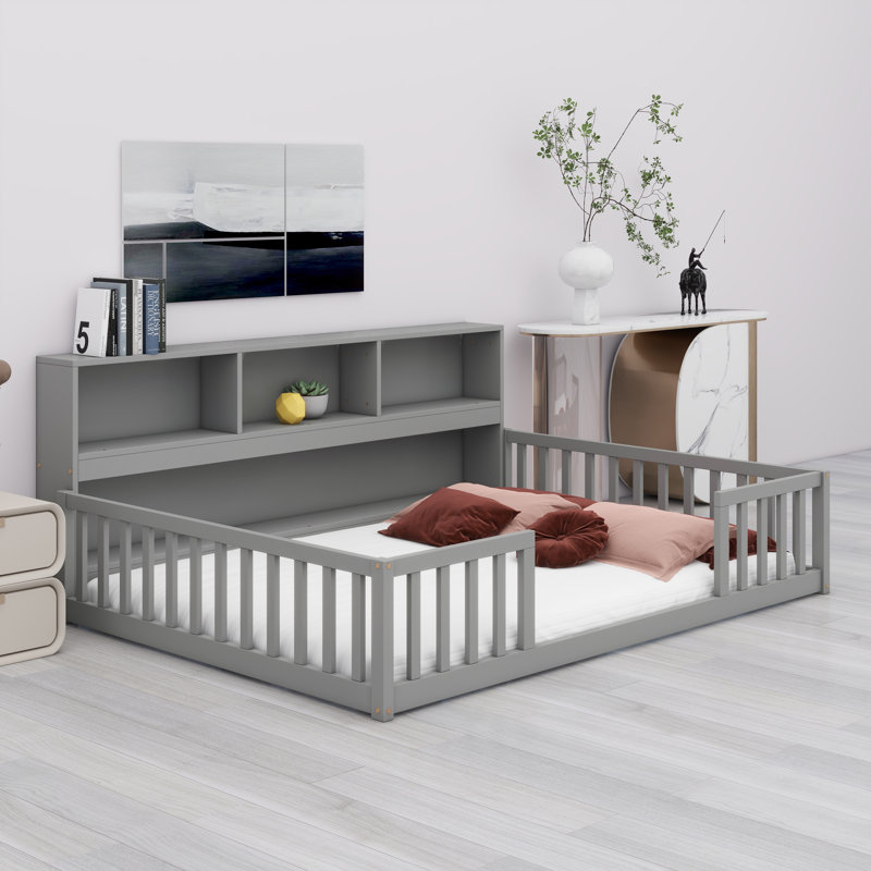 Structure de lit pour enfants avec tablettes de rangement latérales et garde-corps pour enfants, Grey