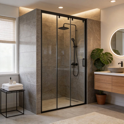 Porte de douche coulissante noire mate de 122 cm (L) x 193 cm (H), verre trempé transparent de 8 mm, cabine de douche à 3 panneaux avec pellicule de sécurité, cadre en acier inoxydable, 2 panneaux coulissants + 1 panneau fixe, convient aux ouvertures de 122 à 123 cm, ouverture de passage de 69 cm