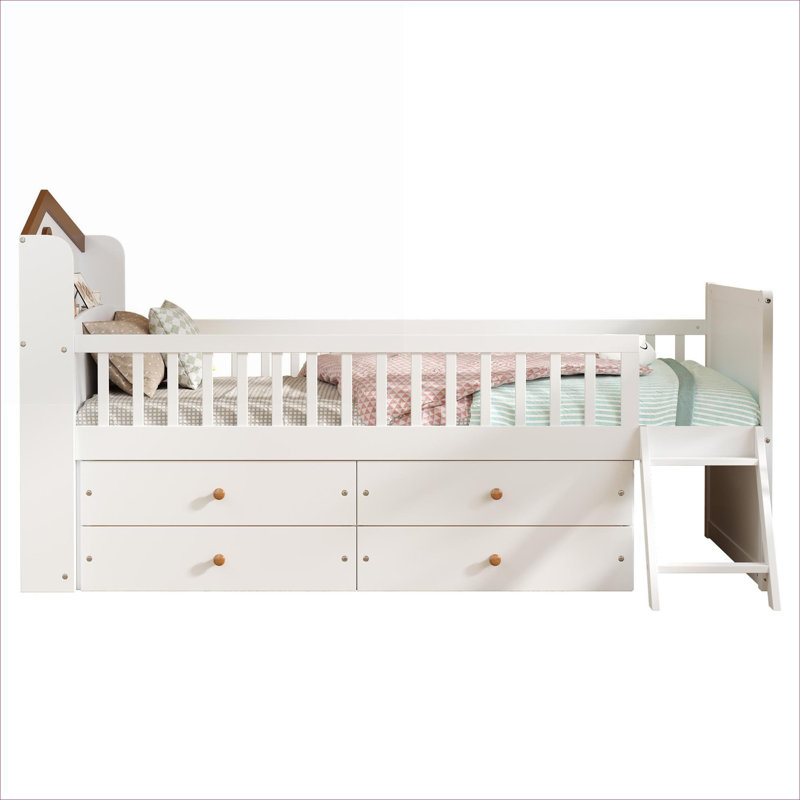 Structure de lit simple en bois massif blanc pur pour chambre d'enfant, design fonctionnel ludique avec rangement