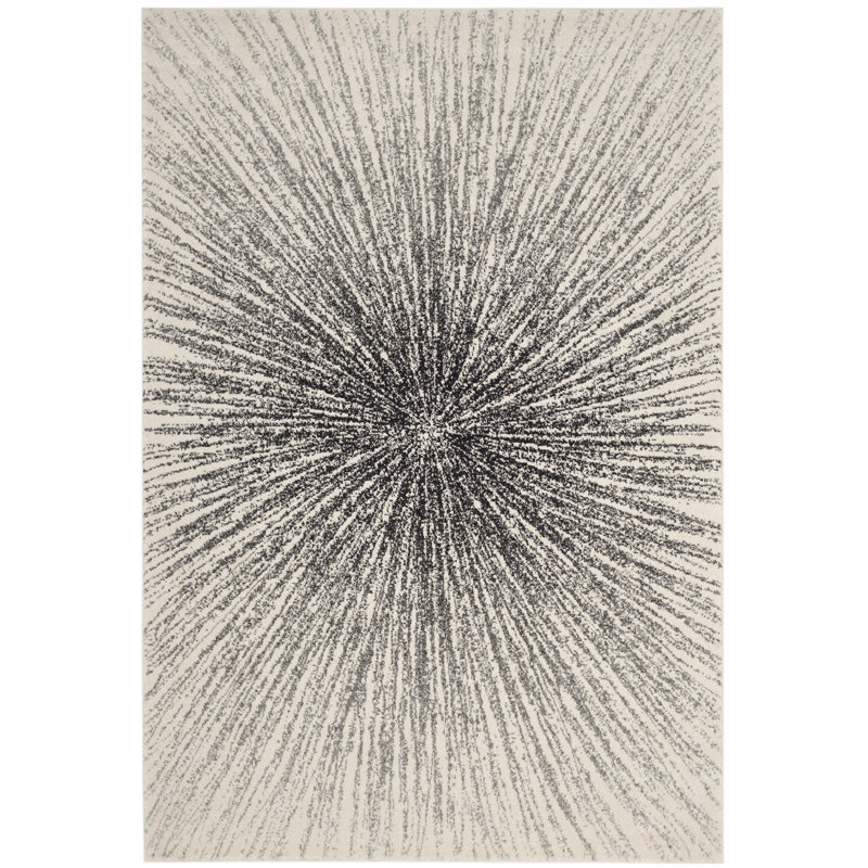 Tapis noir et ivoire à motif abstrait, Rectangle 5 pi 3 po x 7 pi 6 po