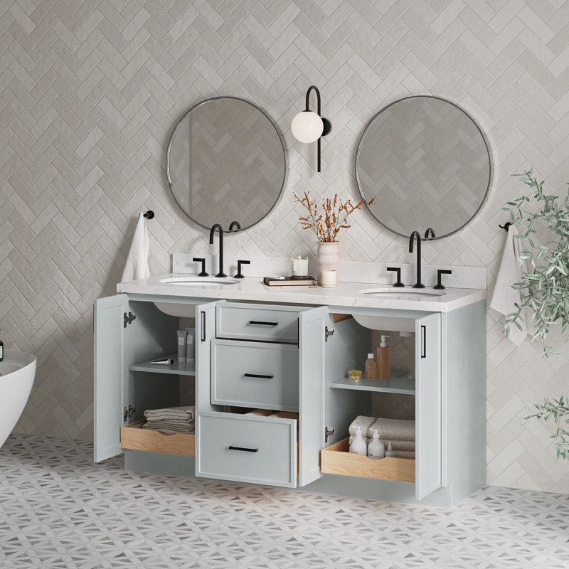 Ensemble de meuble-lavabo double ovale avec comptoir en quartz blanc Carrara de 66 po Ariel Kellie, Gris