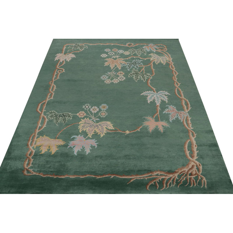 Rug & Kilim’S Chinese Art Deco Rug In Green With Brown And Blue Floral Patterns, Rectangle 6' x 9'