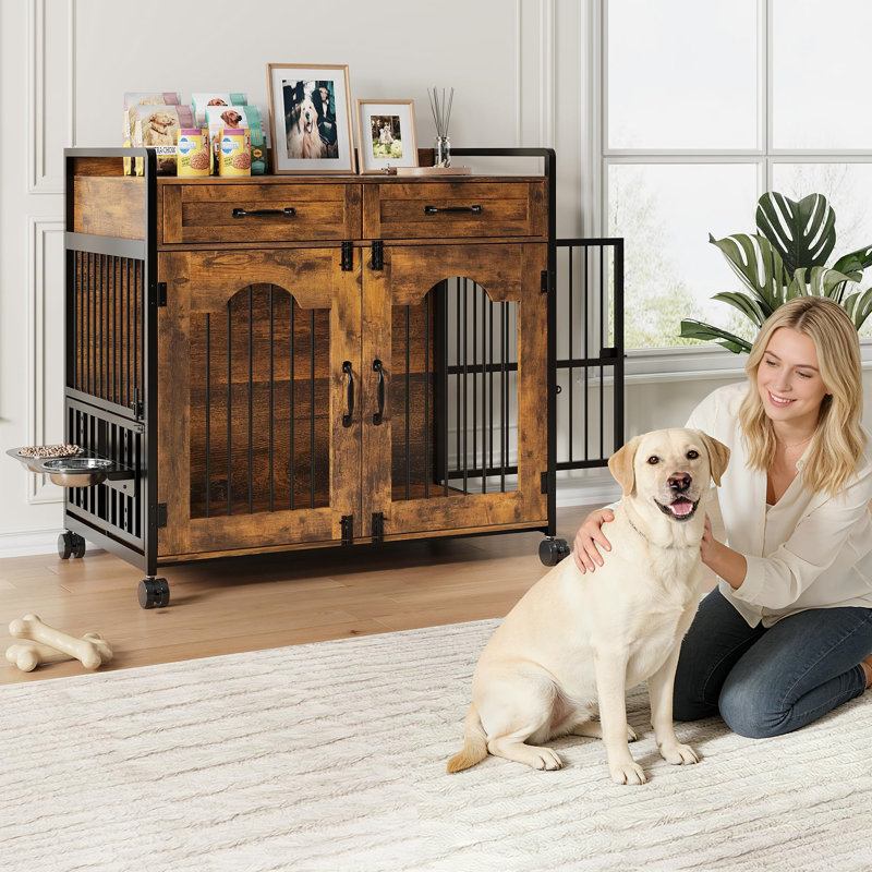 Meuble de cage pour chien, chenil en bois 39 po pour l'intérieur avec 2 tiroirs de rangement et bols réglables