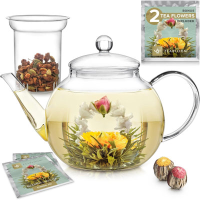 Théière en verre pour cuisinière et four à micro-ondes avec infuseur amovible en verre amovible comprenant 2 théières Blooming et une théière
