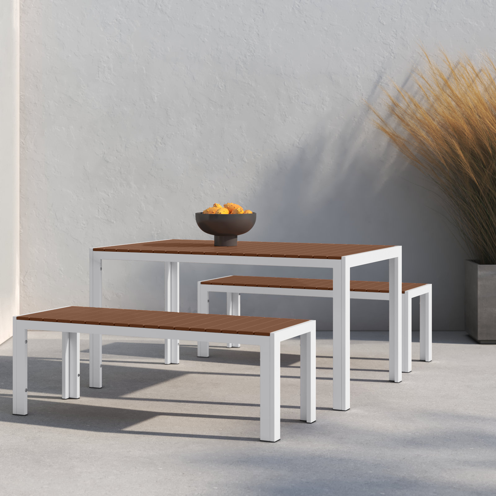 Joel Rectangular Aluminum Patio Dining Set with Polyresin Top , White/Teak