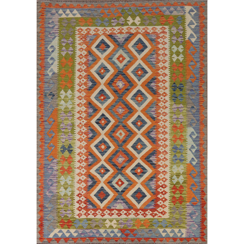 Tapis oriental géométrique en laine Kilim 6 x 8