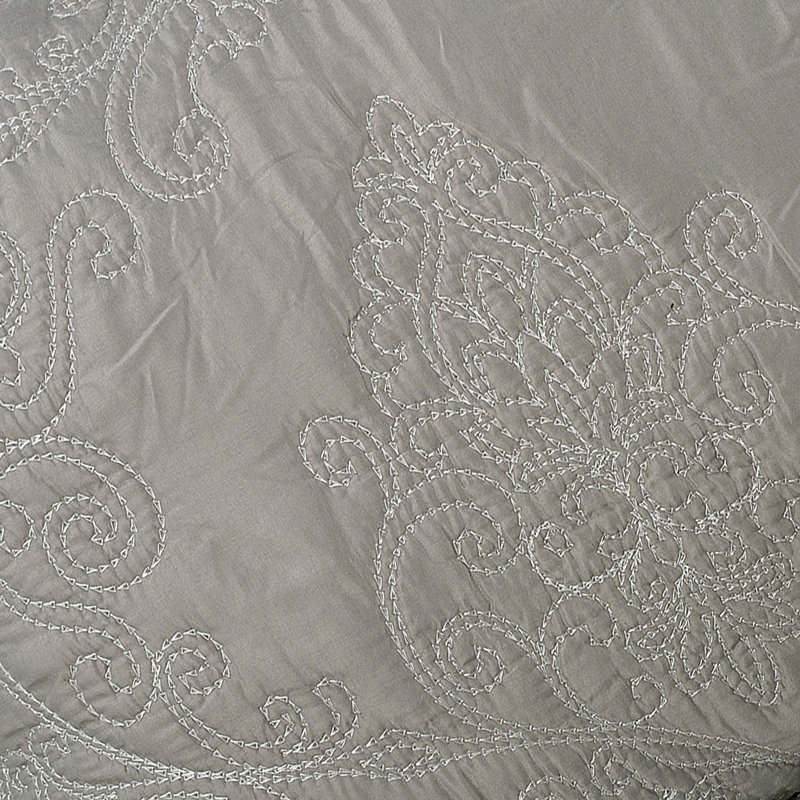 4 Piece Damask Oversized Embroidery Bedspread Set, Queen Quilt + 2 Queen Shams + Throw Pillow, Ash Gray