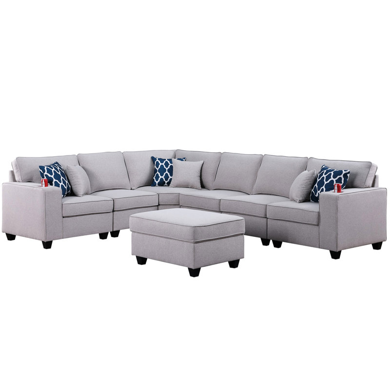 Canapé modulaire en L 125 po réversible 7 pièces avec 6 coussins décoratifs, dossier de 18 po, pieds en plastique bruns de 3,25 po, sièges rembourrés en mousse, profondeur de 23 po, hauteur des accoudoirs de 24,25 po