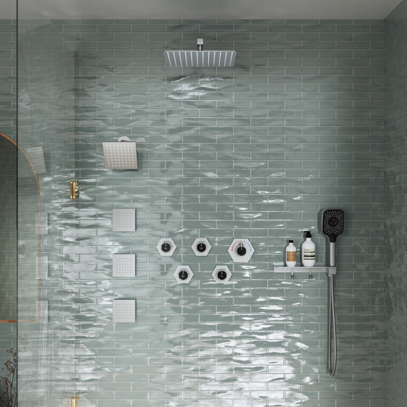 Wall Mounted Dual Shower Head Thermostatic Rainfall Shower System with 3 Body Jets and Storage Shelf, Brushed Nickel